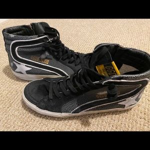 Black Distressed Leather GG Slide High Tops